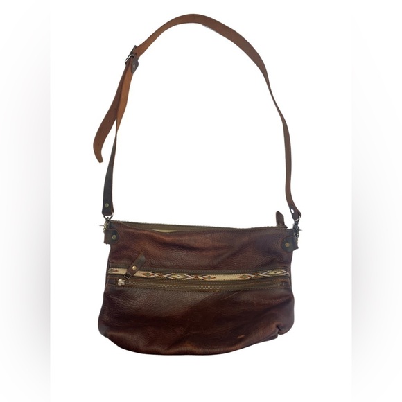 In Blue Handmade leather messenger bag with Aztec patter on the front. - Picture 1 of 4